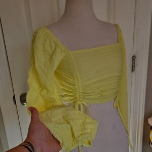 Light Yellow Ruched Square-Neck Crop Top Size S
